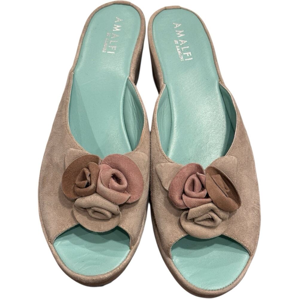Amalfi by Rangoni Gray Suede Leather Open Toe Mule Wedge Sandals Sz 10 Rosettes